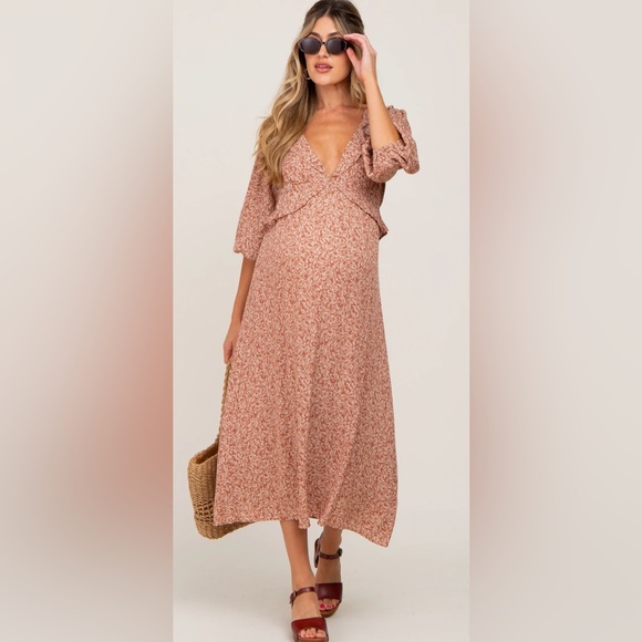 Pinkblush Dresses & Skirts - Pink Blush Rust Floral Ruffle V-Neck Maternity Midi Dress Size Medium